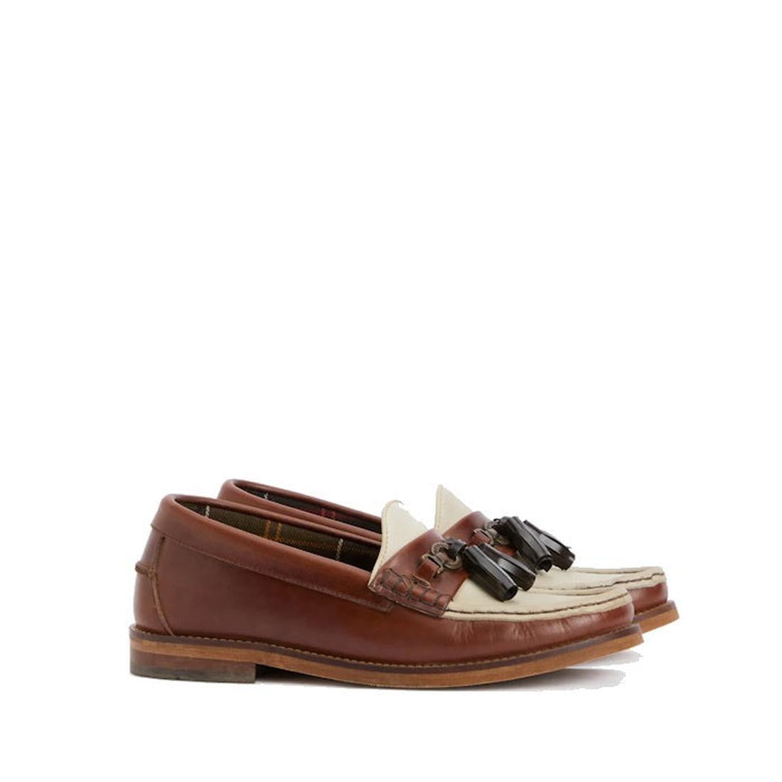 The Barbour Jen Mahogany & Beige Women's Tassel Leather Loafers are displayed side by side on a plain white background.,., 5063669169094, 5063669169100, 5063669169117, 5063669169124, 5063669169131, 51844