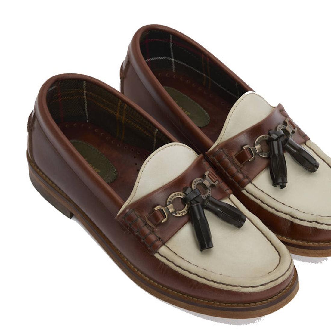 The Barbour Jen Mahogony & Beige Women's Tassel Leather Loafer features mahogany leather, decorative tassels, and a plaid interior lining, displayed on a white background., 5063669169094, 5063669169100, 5063669169117, 5063669169124, 5063669169131, 51844
