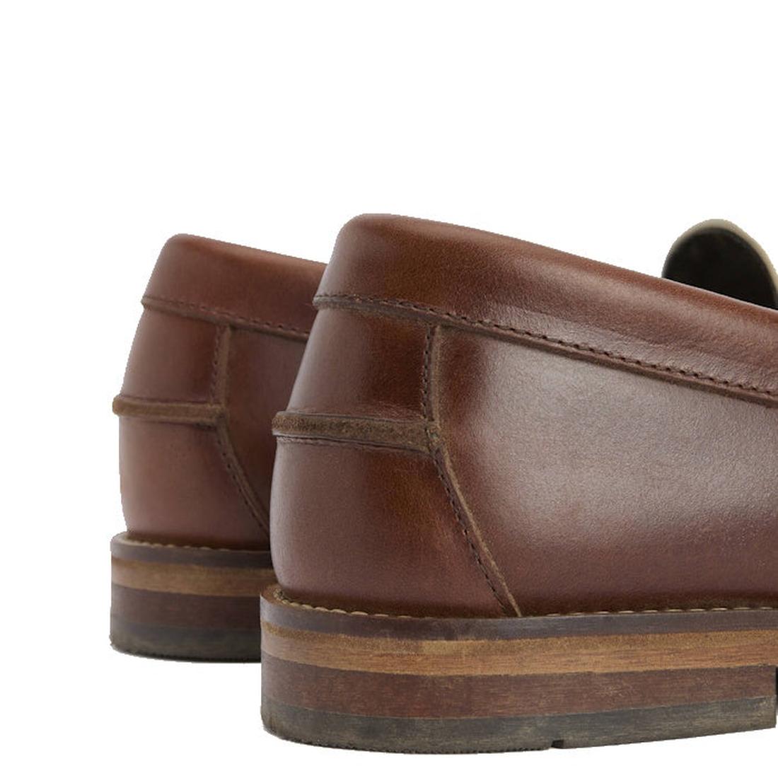Close-up of the Barbour Jen Mahogany & Beige Women's Tassel Leather Loafer heels, highlighting stitching, smooth leather finish, and stacked wooden detail against a white background., 5063669169094, 5063669169100, 5063669169117, 5063669169124, 50636691691