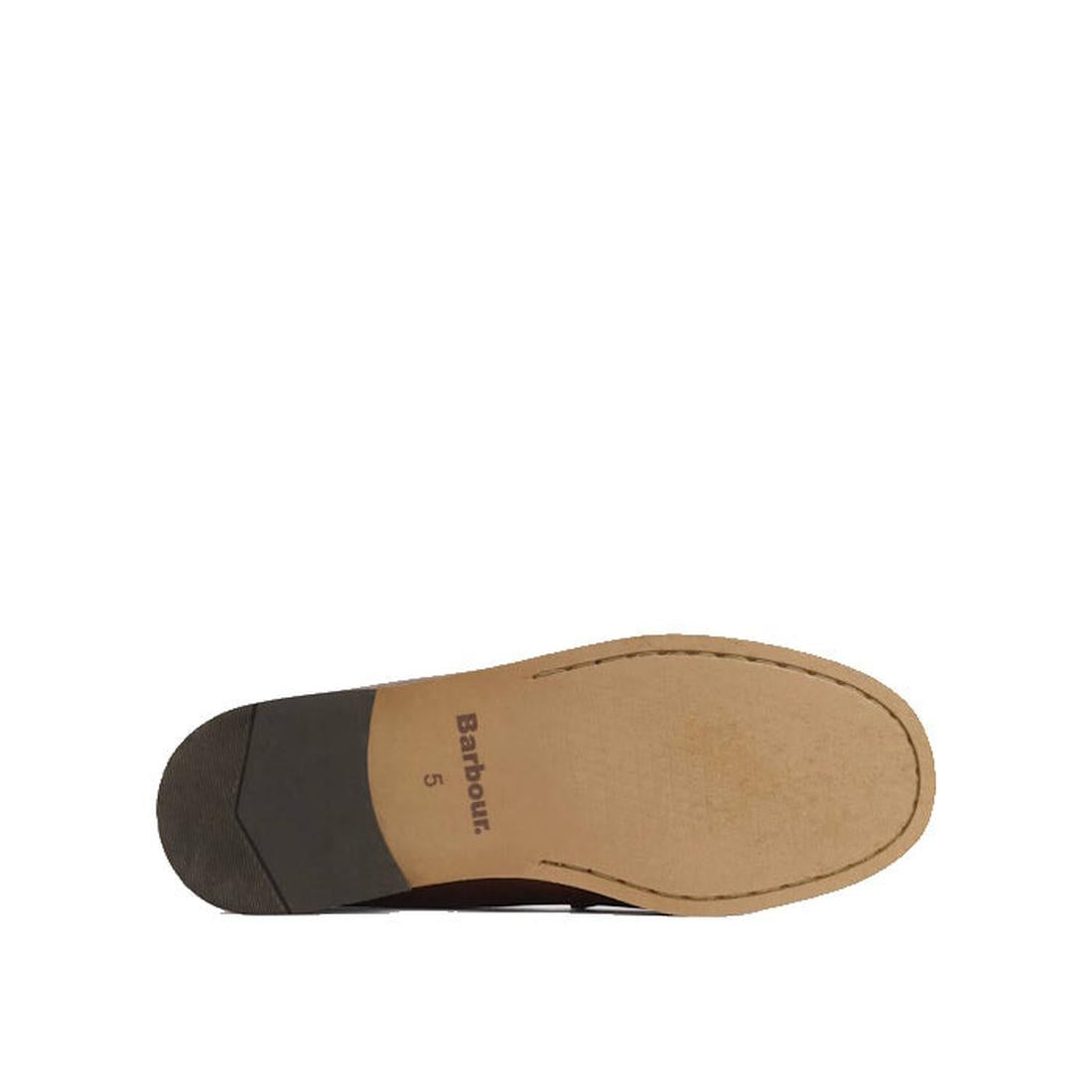 The sole of the Barbour Jen Mahogany & Beige Womens Tassel Leather Loafer is shown, featuring a textured heel, smooth tan leather sole, and Barbour branding with the number 5 printed near the arch., 5063669169094, 5063669169100, 5063669169117, 50636691691