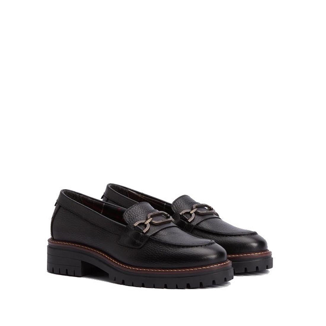 Barbour Maddie Black Leather Womens Chunky Loafer features black leather, chunky rubber soles, and metal horsebit accents, inspired by the classic design and shown against a white background., 51897, 5020985778720, 5020985779352, 5020985780068, 51901, 519