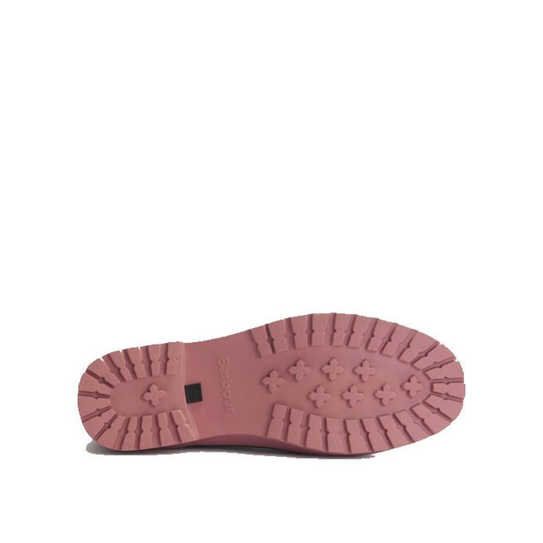 The image shows the pink rubber sole of the Barbour Mallow Navy Cherry Blossom Chelsea Womens Wellington Rainboots from underneath, featuring rectangular and cross-shaped tread patterns for traction., 5063669170908, 5063669170915, 5063669170922, 506366917
