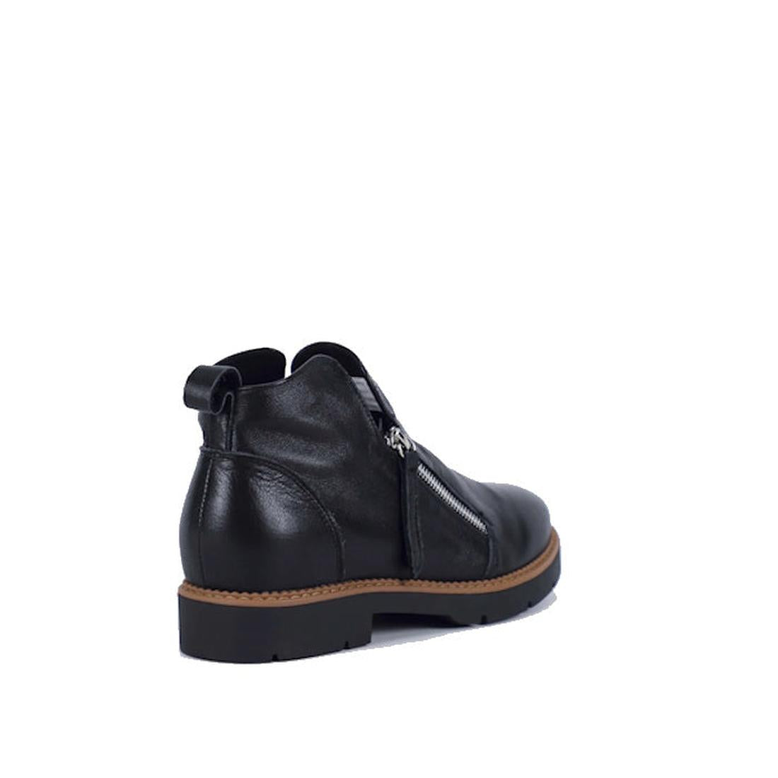 The Bay Lane Clara Black Womens Low Cut Zip Ankle Boot in soft black leather, with an easy side zipper and sturdy brown sole shown at an angle.  ksnz, 51272, 9357649075694, 9357649075700, 9357649075717, 9357649075724, 9357649075731, 51278