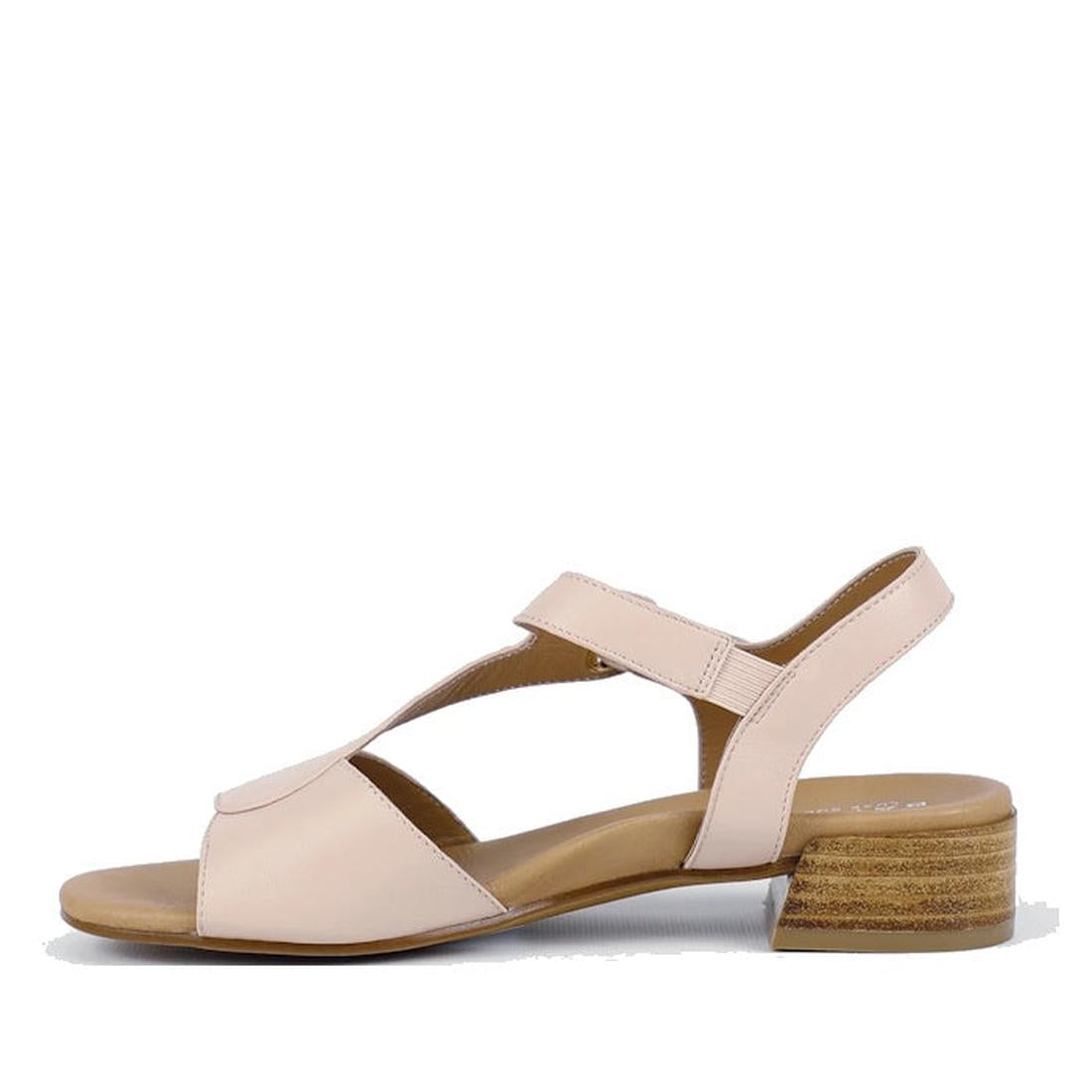 The Bay Lane Dune Womens Leather Low Heel Sandal in blush pink features a light beige block heel, cut-out sides, cushioned footbed, low stacked wooden heel, and an adjustable Velcro ankle strap., 9357649063684, 9357649063691, 9357649063707, 9357649063714,