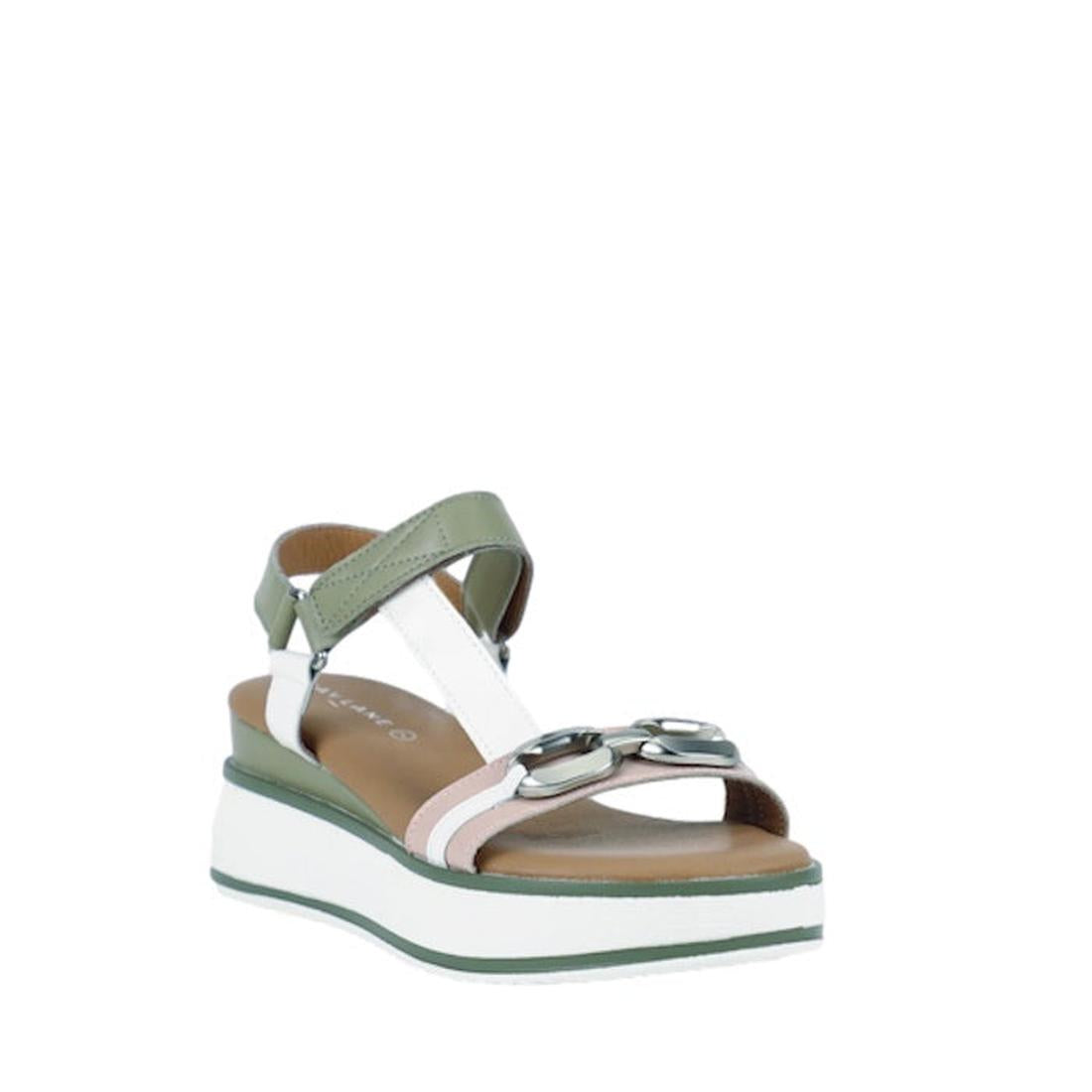 The Bay Lane Liberty Green Multi Women’s Leather Wedge Sandal features green, white, and pink straps, silver buckles, an adjustable ankle strap, a tan cushioned footbed, and a thick white platform sole with a green stripe.