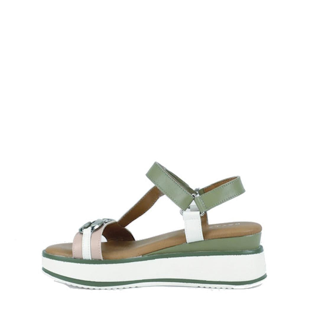 The Bay Lane Liberty Green Multi Women's Leather Wedge Sandal features green, white, and blush pink straps, an adjustable ankle strap, cushioned footbed for comfort, and a thick white sole with green detailing. Displayed on a plain white background., 9357