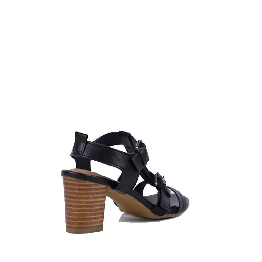 The Bay Lane Nickel Black Womens Leather Heeled Sandal features black straps, a medium stacked block heel, and an adjustable buckle, shown from the back against a plain white background., 9357649059472, 9357649059489, 9357649059496, 9357649059502, 9357649