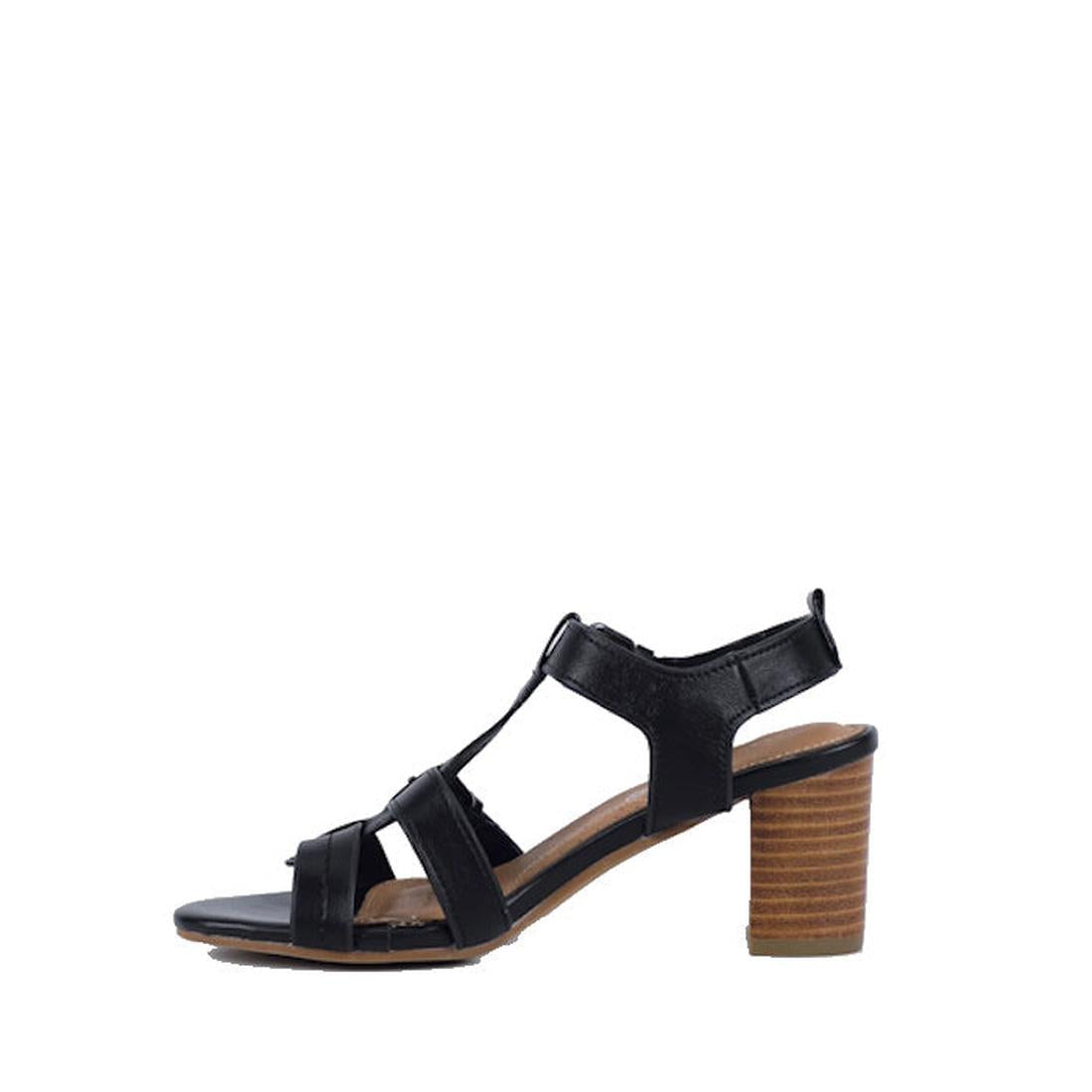 The Bay Lane Nickel Black Womens Leather Heeled Sandal features black straps, a mid-height stacked block heel, open toe, cushioned footbed, and an adjustable buckle backstrap, shown against a white background., 9357649059472, 9357649059489, 9357649059496,