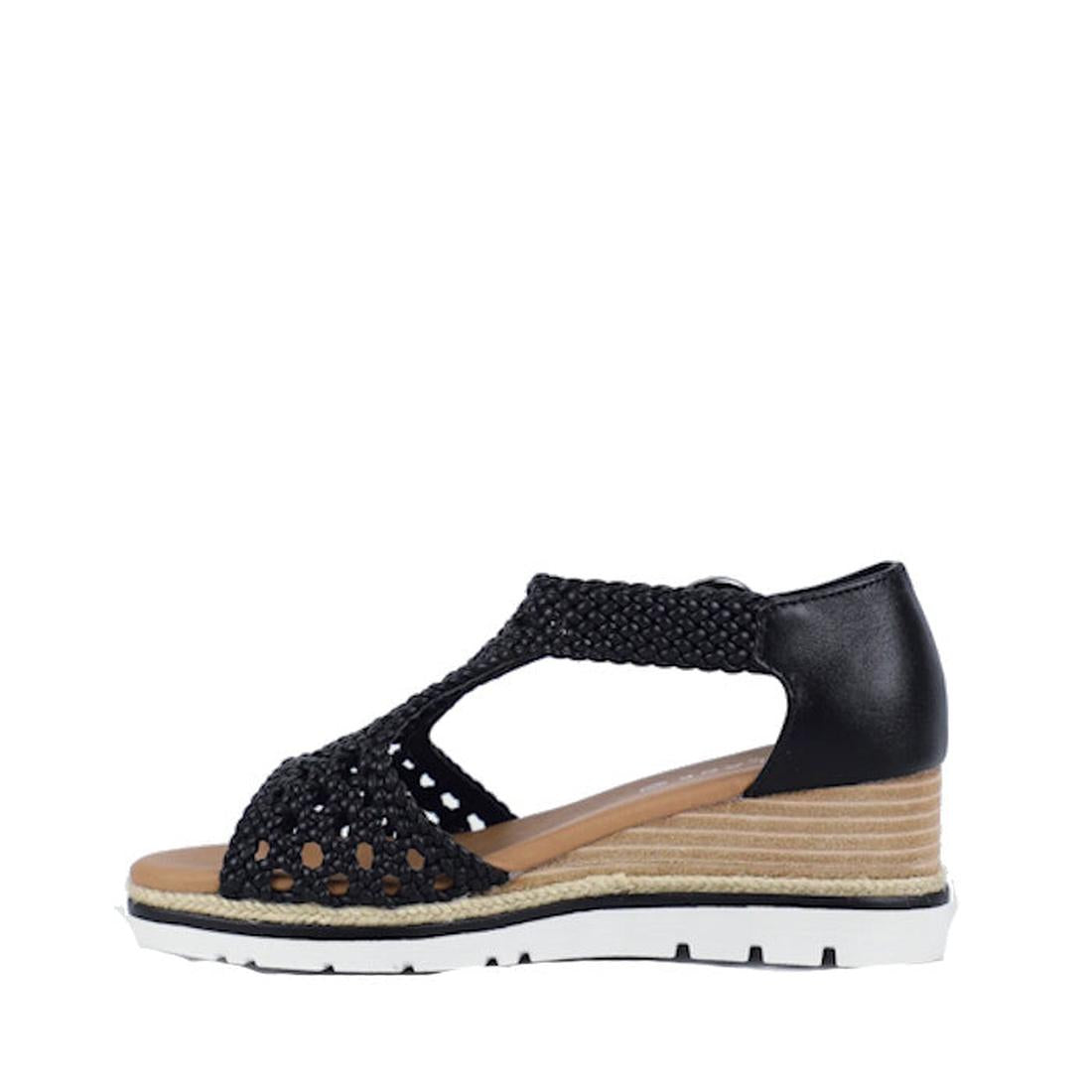 The Bay Lane Rumor Black Women's Woven Leather Wedge Sandal features black leather woven straps, a closed heel, layered tan and rope wedge sole, cushioned footbed, and a white rubber bottom., 9357649059687, 9357649059694, 9357649059700, 9357649059717, 935