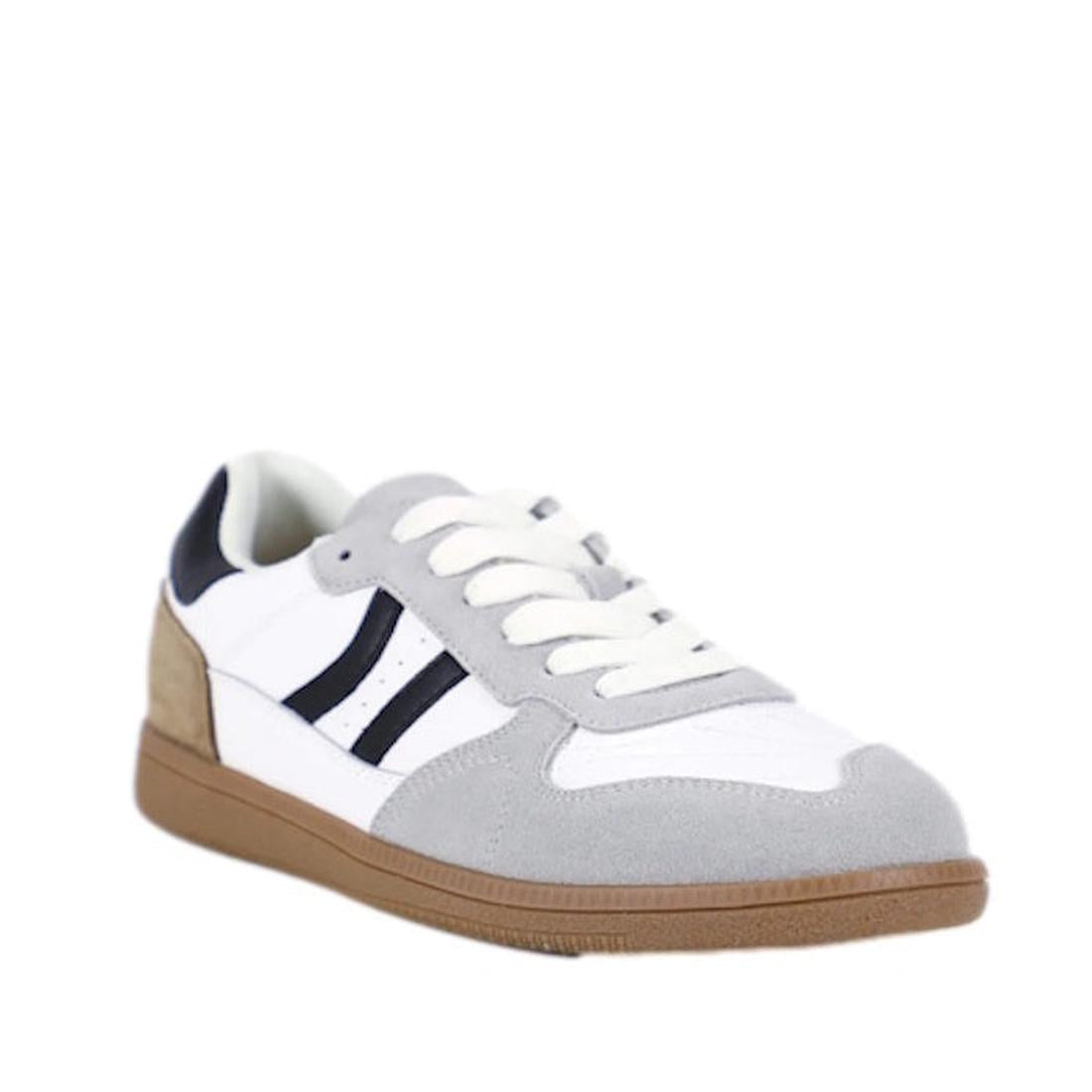 Bay Lane Sunny White Suede Retro Lace Up Trainer with gray suede toe, soft white upper, black stripes, tan heel, and comfy brown sole.  ksnz