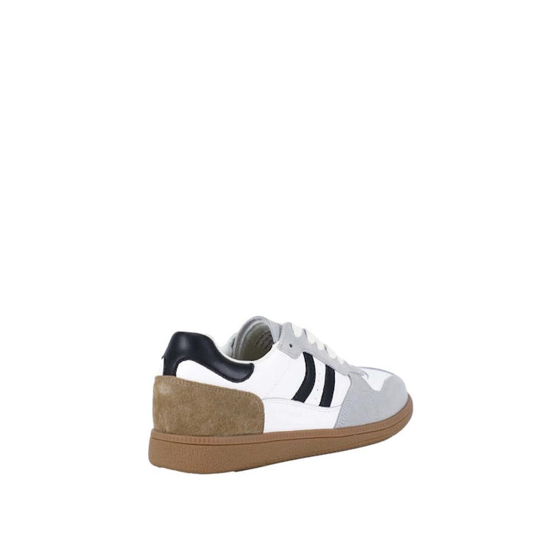 Bay Lane Sunny White Suede Retro Trainer—white lace-up sneaker with black stripes, tan/gray suede, brown sole, and comfy fit.  ksnz, 51222, 9357649075182, 9357649075199, 9357649075205, 9357649075212, 9357649075229, 51228