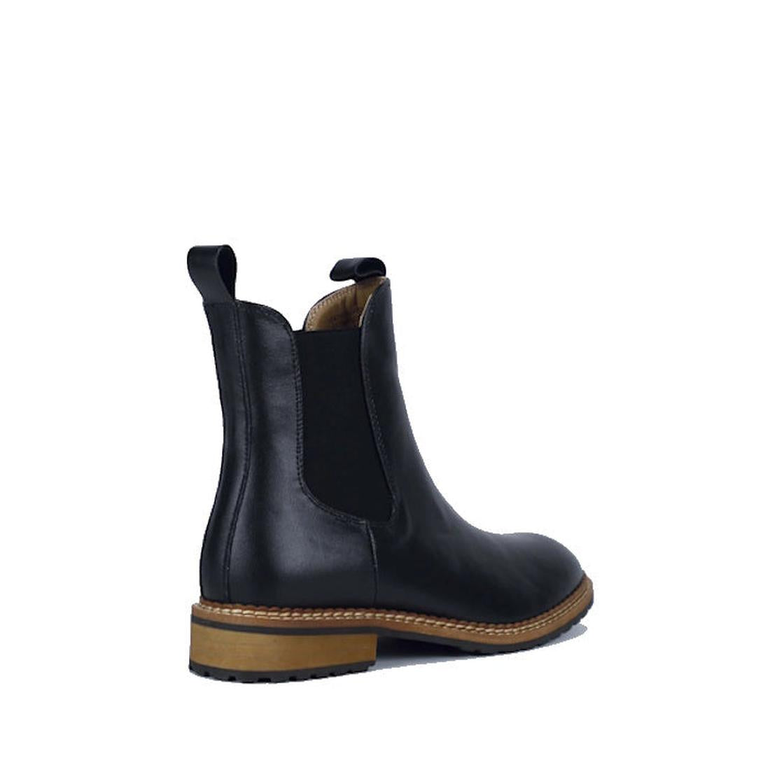 The Bay Lane West Black Leather Womens Chelsea Boot is shown from a rear side angle, featuring a comfort footbed, brown sole, and black elastic side panel on a white background., 9357649081893, 9357649081909, 9357649081916, 9357649081923, 9357649081930, 9, 9357649081947