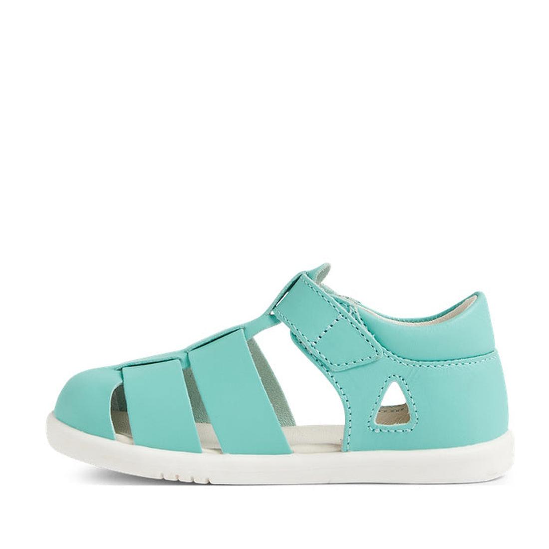 The Bobux Iwalk IW Quick Dry Tidal Sandal Pool Blue is a children's sandal with a closed toe, open sides, white sole, quick-dry leather, adjustable straps, and a hook-and-loop ankle fastener for easy wear., 9420068557796, 9420068557802, 9420068557819, 942