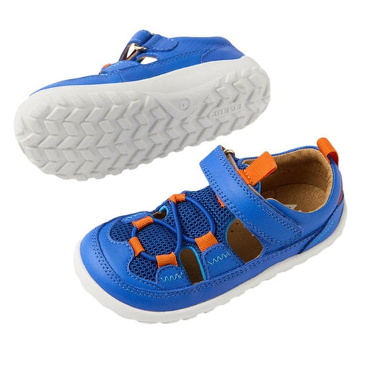 Bobux IW Iwalk Rocky Dazzling Blue Closed Toe Sandals with white soles, orange details, mesh panels, and easy Velcro straps.  ksnz