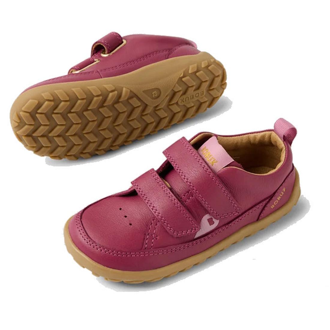 Bobux IW Iwalk Dawn Toddlers Leather Sneakers in Beaujolais: sweet pink shoes with easy Velcro straps and a grippy tan rubber sole.  ksnz