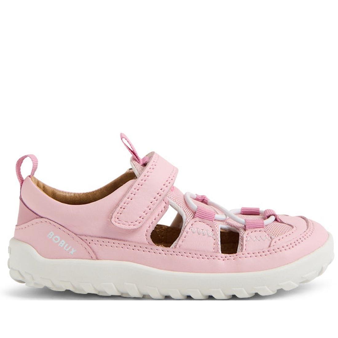 Bobux IW Iwalk Rocky Parfait Pink is a comfy kids' sandal with pink details, closed toe, soft laces, Velcro strap, and sturdy white sole.  ksnz