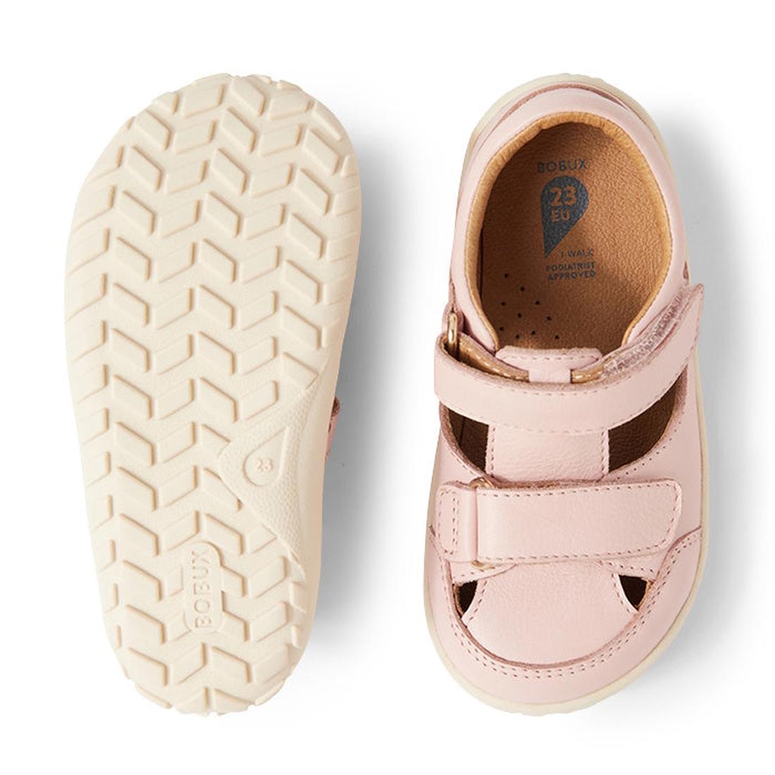 The Bobux IW Iwalk Troop Toddlers Leather Sandal in Cameo Rose Pink is shown from the top and bottom, featuring closed toes, Velcro straps, and flexible white zero drop soles with a textured grip pattern., 46383, 9420068562561, 9420068562578, 942006856258