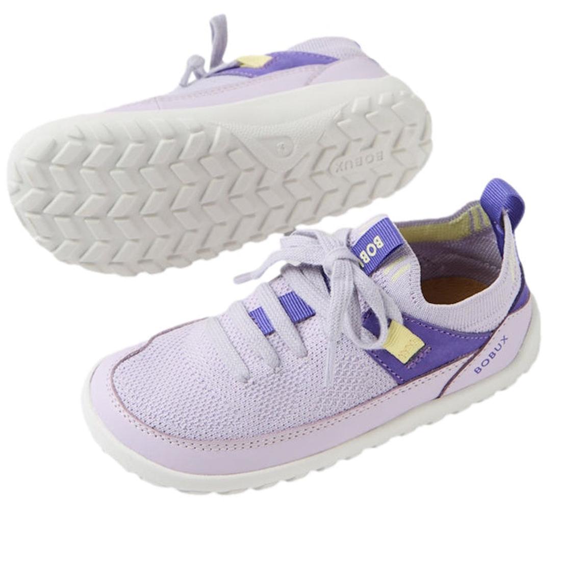 Bobux Iwalk Meta Sneakers Thistle Lavender are comfy kids’ sneakers in purple tones with yellow highlights, mesh uppers, laces, and grippy white soles.  ksnz