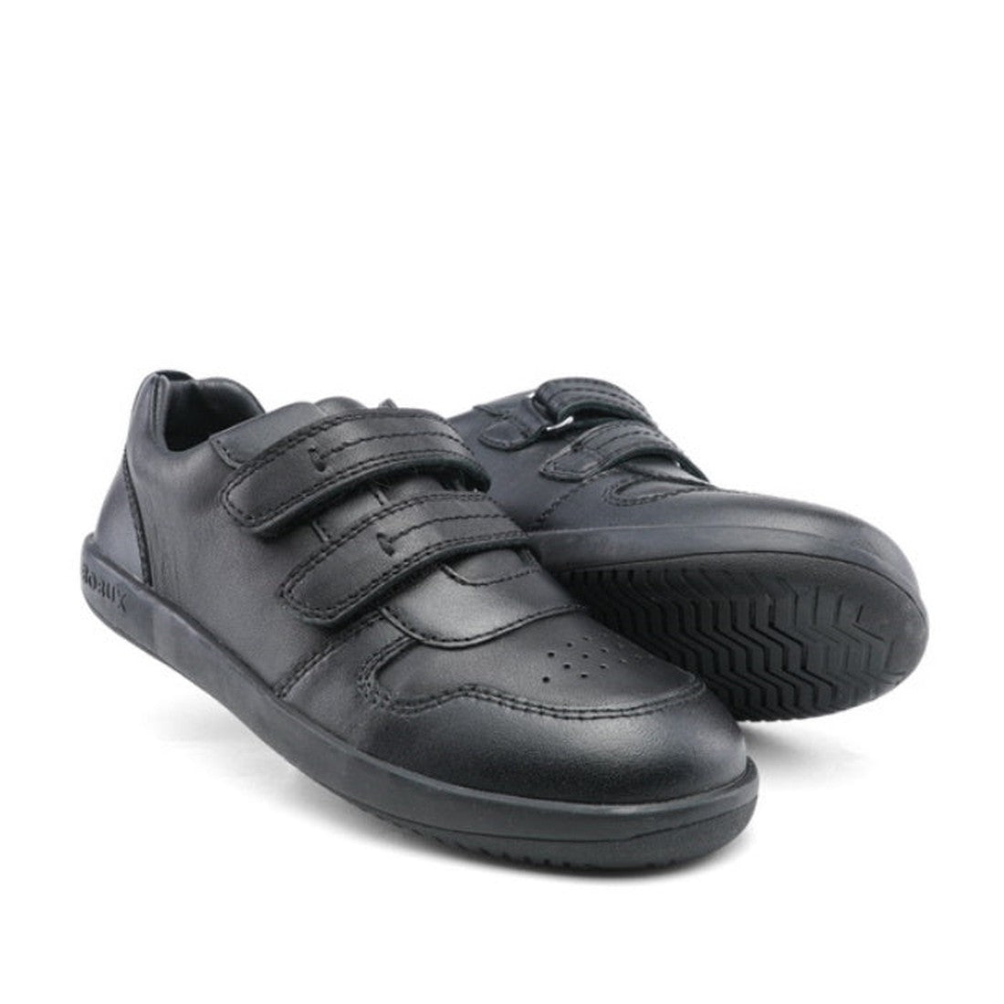 Bobux Kid+ Black School Leather Shoe LeapTrainer, a sturdy black leather school shoe with easy hook-and-loop straps and grippy soles.  ksnz