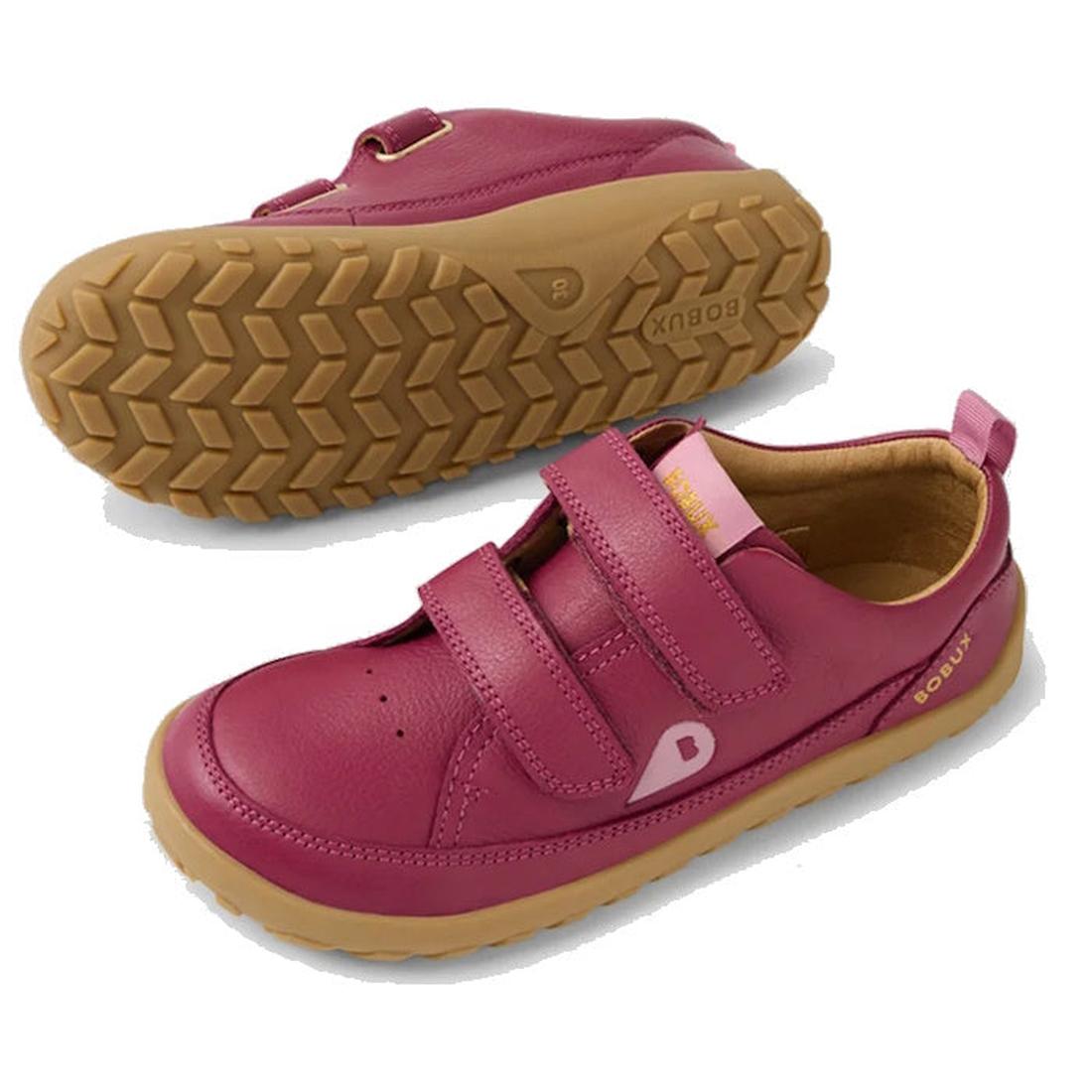 Bobux Kid+ Dawn Leather Sneaker in Beaujolais Purple, with two Velcro straps, tan zero-drop sole, and roomy toe box for comfort.  ksnz