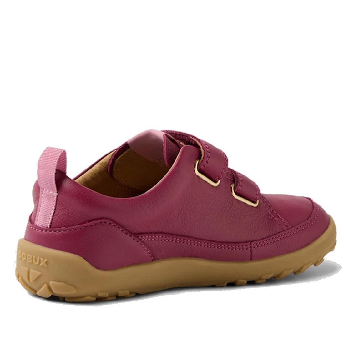 Bobux Kid+ Dawn Leather Sneaker Beaujolias Purple—dark pink kids’ sneakers with a comfy toe, grippy sole, easy Velcro, and pull tab.  ksnz