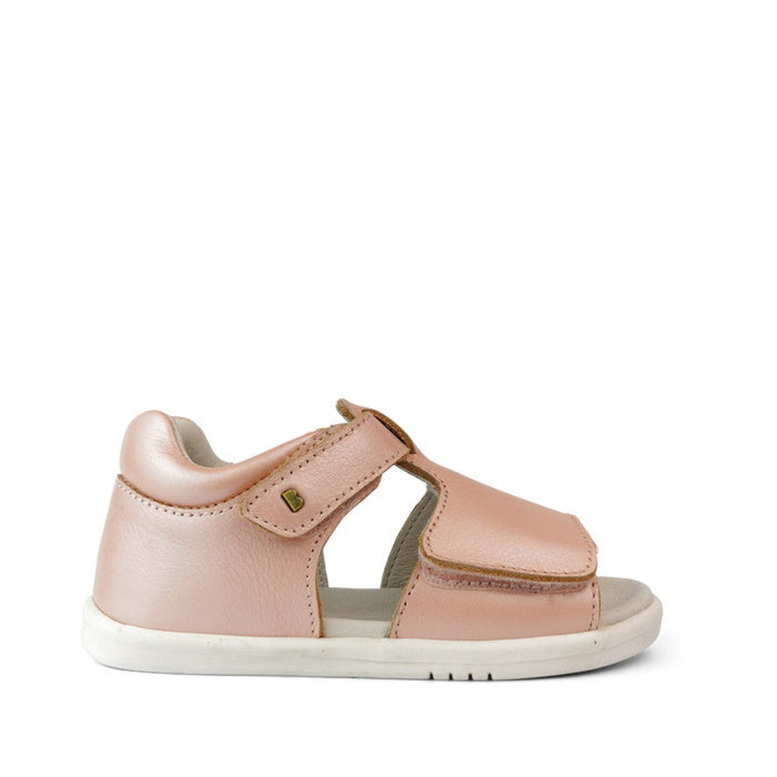 The Bobux IW Iwalk Mirror Seashell Pink 633414C is a premium pink leather girls' open-toed sandal with a white sole, Velcro ankle strap, and open heel, shown in profile against a white background., 9420062022276, 9420062022283, 9420062022290, 942006202230