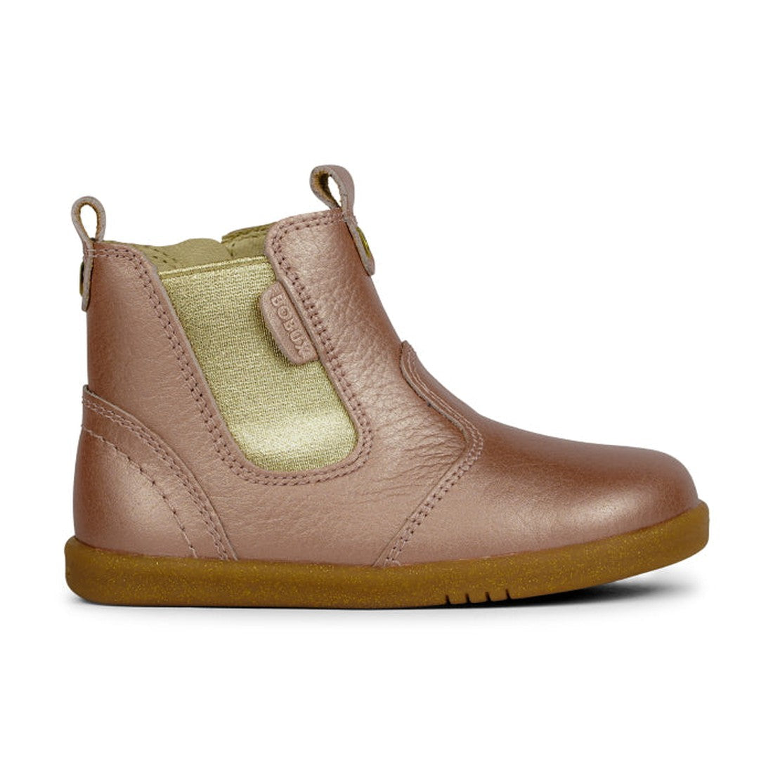 A single Bobux Iwalk Jodhpur Boot Rose Gold 620839 toddler boot in metallic pink, featuring side elastic panel, front and back pull tabs, and a light brown rubber sole, shown in right side profile view., 9420062020272, 9420062020289, 9420062020296, 942006