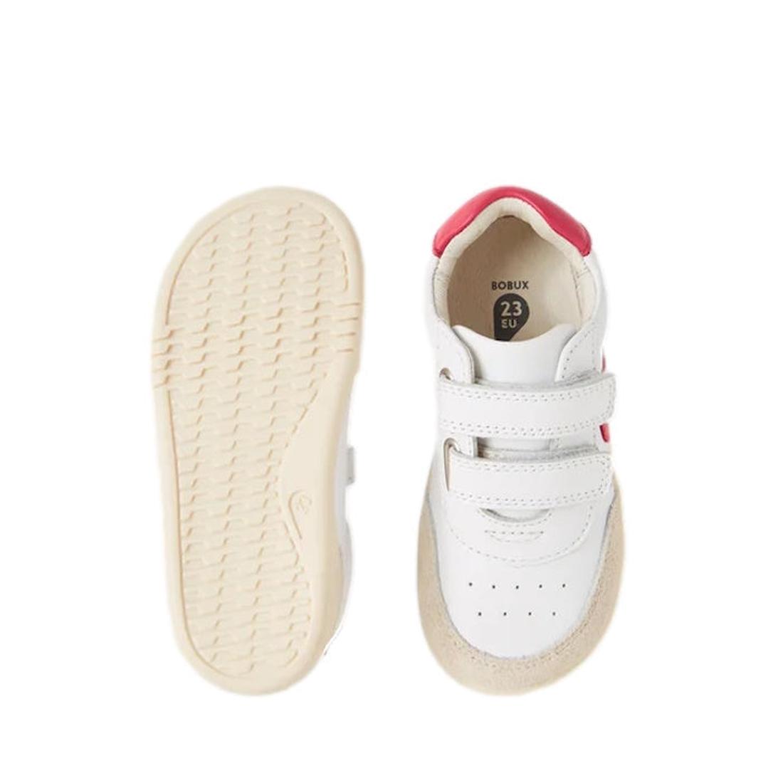 The Bobux Kids IWalk IW Champ Radiant Raspberry Sneaker 650506 in size 23 EU features white uppers, beige soles, red accents, and two adjustable straps. Shown from top and bottom for a clear view of the design., 47914, 9420068552555, 9420068552562, 942006