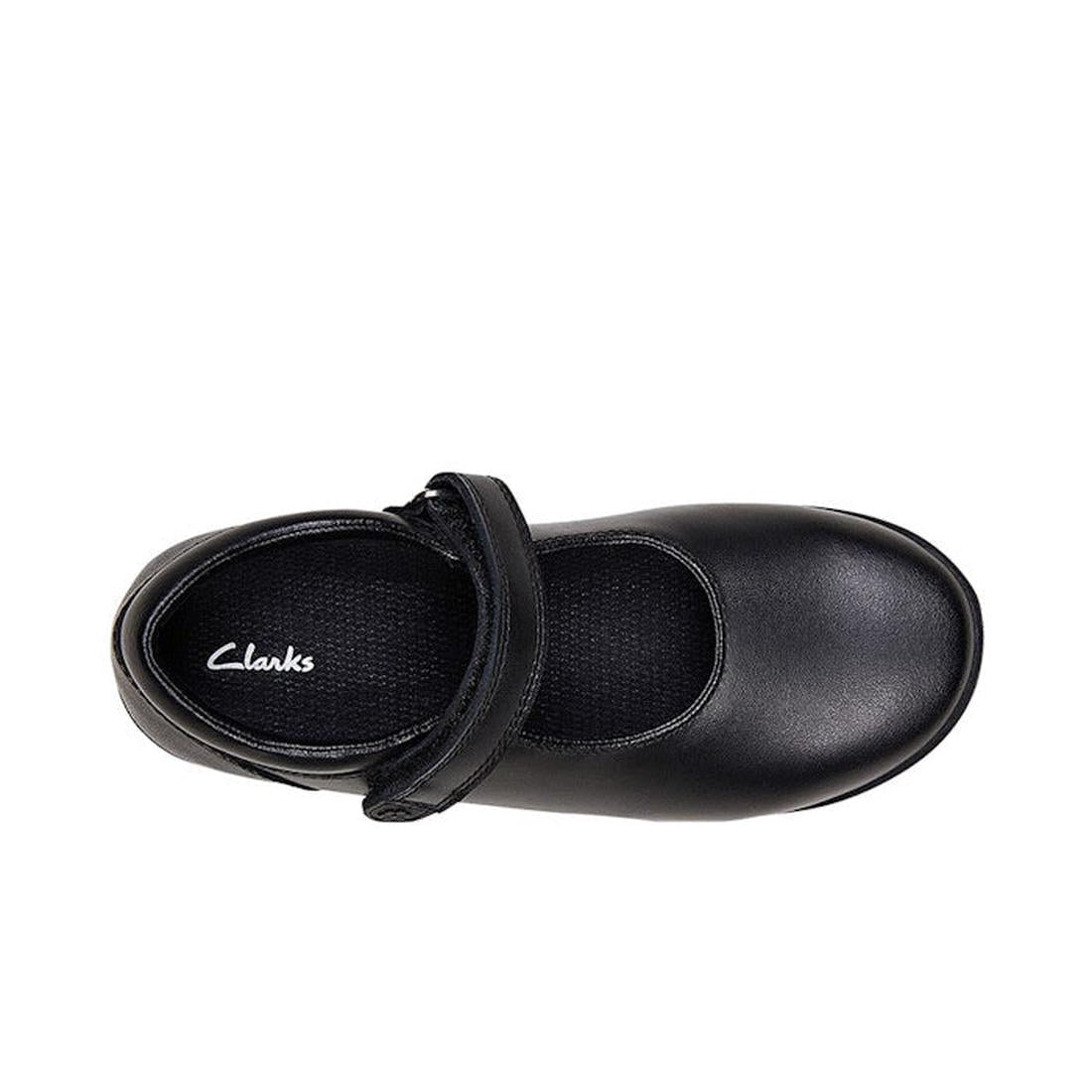 The Clarks Berry Leather Mary Jane School Shoes are shown from above in black leather, featuring a Velcro strap, rounded toe, and a simple design with the Clarks logo in white on the insole., 34967, 34968, 9314300039600, 34970, 9314300039648, 931430003966