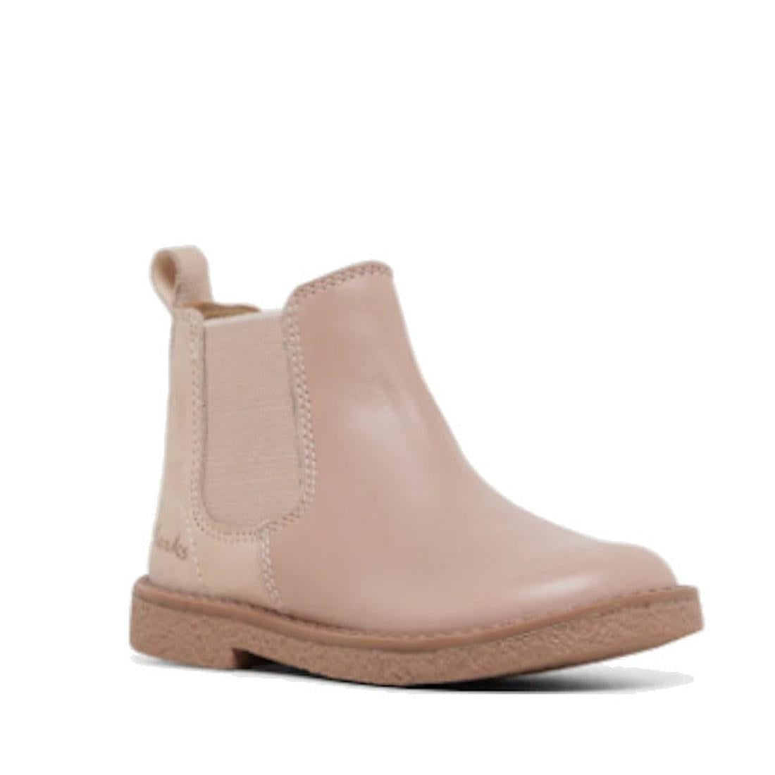 Clarks Chelsea II Jnr Rose Boots for toddlers in soft pink leather, with easy elastic side, handy pull tab, and sturdy tan sole.  ksnz