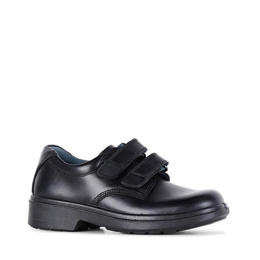 The Clarks Denver Black Leather School Shoe features a thick sole and two self-fastening straps, shown as a single black leather shoe against a white background.