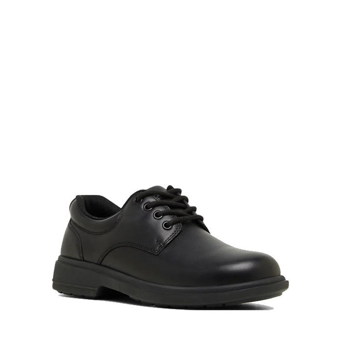 The Clarks Dynamo Black Leather Lace Up School Shoe E Average Width features a single black genuine leather dress shoe with a low heel and rounded toe, ideal for school, displayed on a white background.