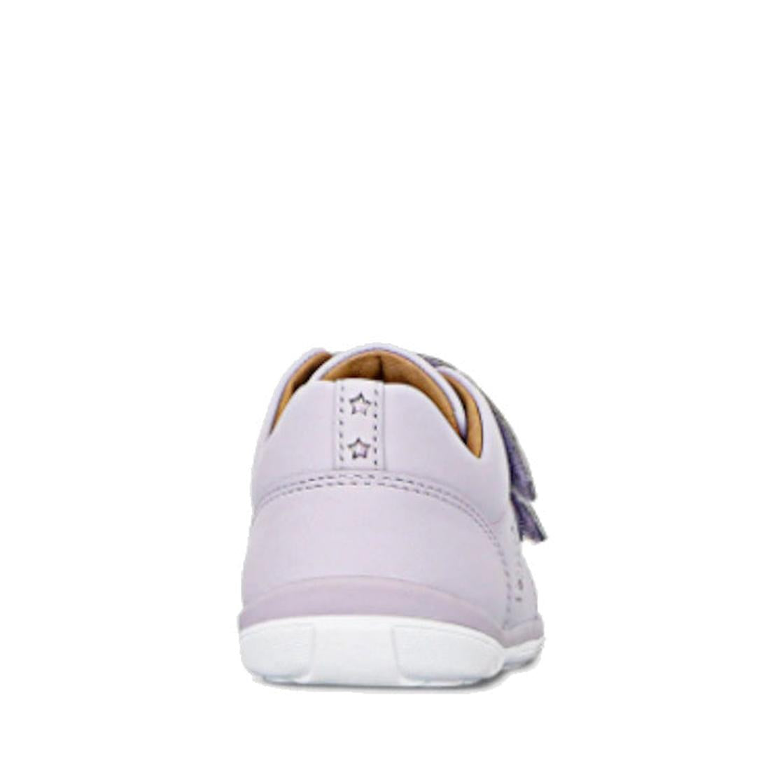 A light purple Clarks Toddlers Macy Lilac Leather Trainer with a white sole is shown from the back on a plain white background. This kids’ leather sneaker features stitching details and a low-cut design for comfort., 9336078203618, 9336078203656, 93360782