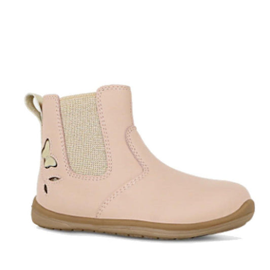 Clarks Marianne Rose Girls Toddlers Leather Boot in light pink, with a tan sole, easy elastic side panel, pull tab, and sweet butterfly.  ksnz