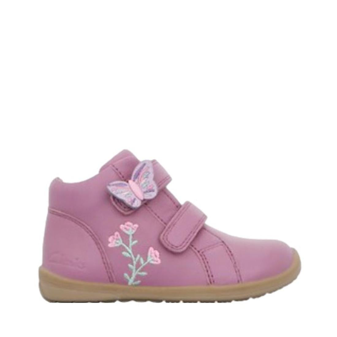 Clarks Mia Mauve E Toddler Girls Leather Boot—pink with tan flexible sole, double Velcro straps, flower embroidery, butterfly detail.  ksnz