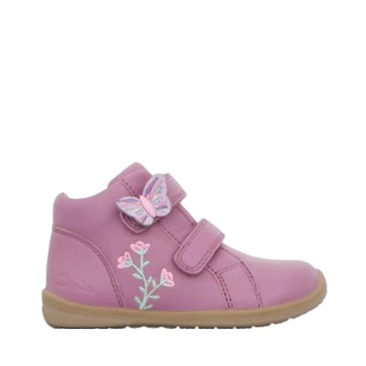 Clarks Mia Mauve E Toddler Girls Leather Boot—pink with tan flexible sole, double Velcro straps, flower embroidery, butterfly detail.  ksnz