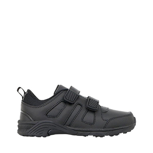 The Clarks Noah Black School Trainer is a black sports shoe with a textured sole, mesh accents, and two self-fastening straps. It features a memory foam innersole for comfort and is shown in side profile against a white background.