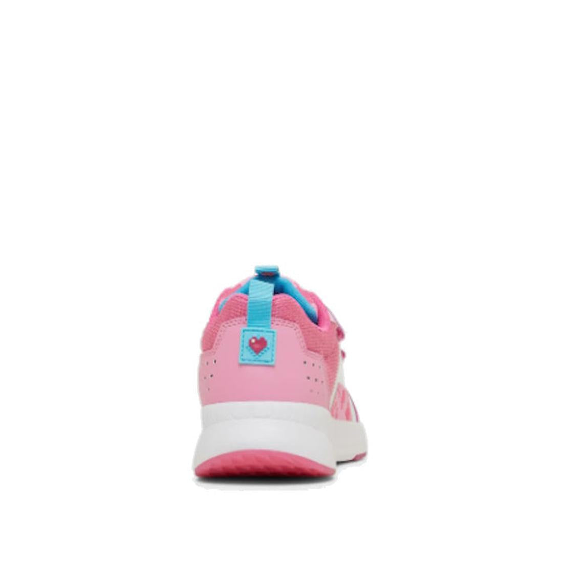 The Clarks Hendy Pink/White Minecraft Trainer Shoes are shown from the back with blue accents and a blue heel patch featuring a red heart. These kids’ shoes include a memory foam insole for comfort, set against a plain white background., 9336078918772, 93