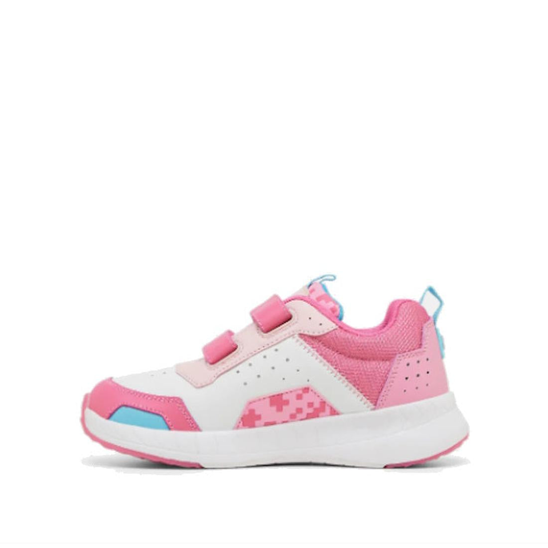 The Clarks Hendy Pink/White Minecraft Trainer Shoes are kids' sneakers with a white sole, pink and light blue accents, pink mesh, two pink hook-and-loop straps, and a comfy memory foam innersole, shown side view on a plain white background., 9336078918772