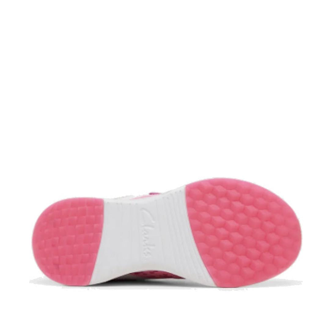 The image shows the sole of Clarks Hendy Pink/White Minecraft Trainer Shoes with a pink hexagonal pattern for grip and a white section embossed with "Clarks," designed for durable kids' footwear. The background is white., 9336078918772, 9336078918789, 933