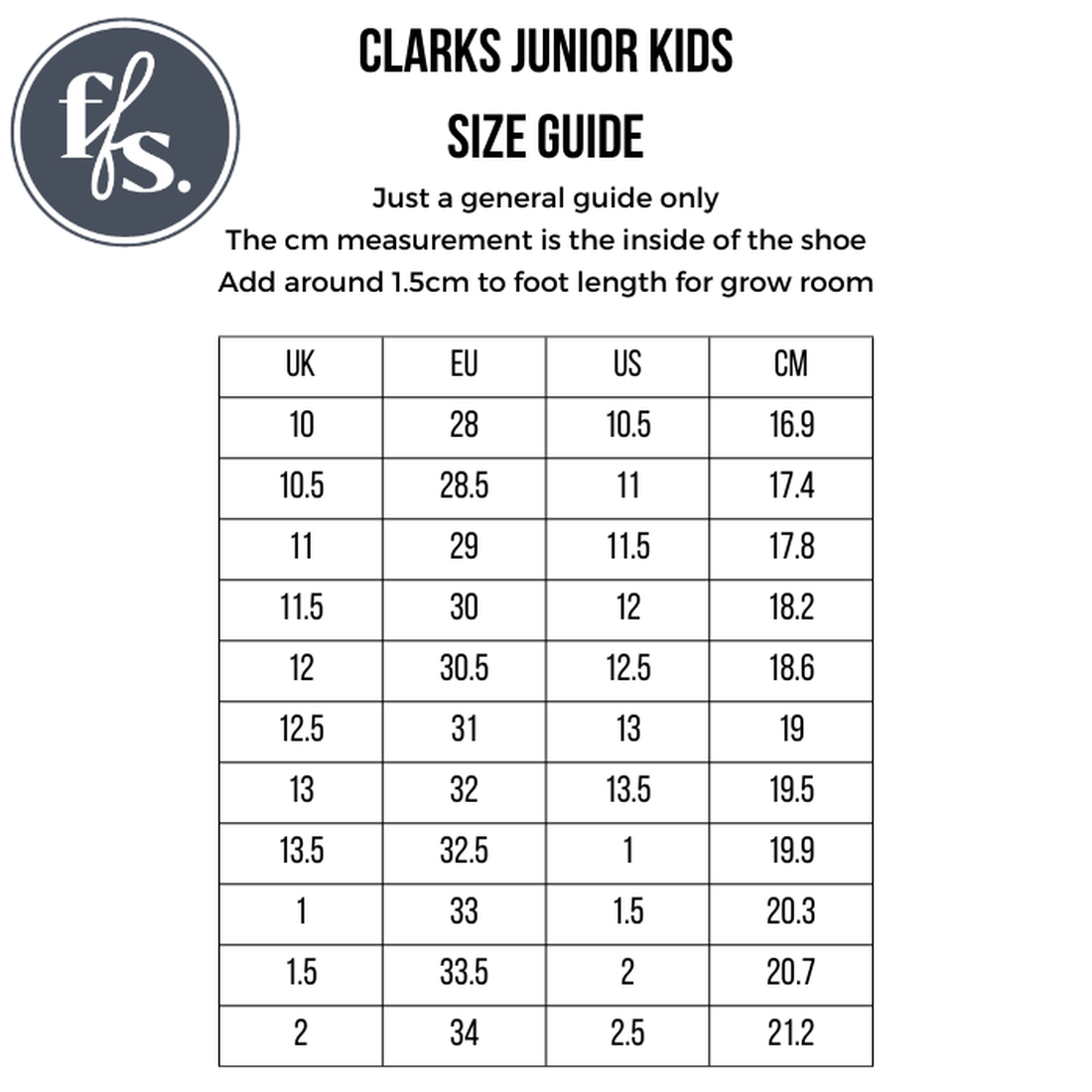 Clarks - Petite - D Narrow fit - Platinum collection kids shoe size chart with UK, EU, US, and CM sizes. Ideal for premium leather school shoes with cow leather lining. Circular ffs logo top left. Add 1.5 cm to foot length for growing room., 9343227777982