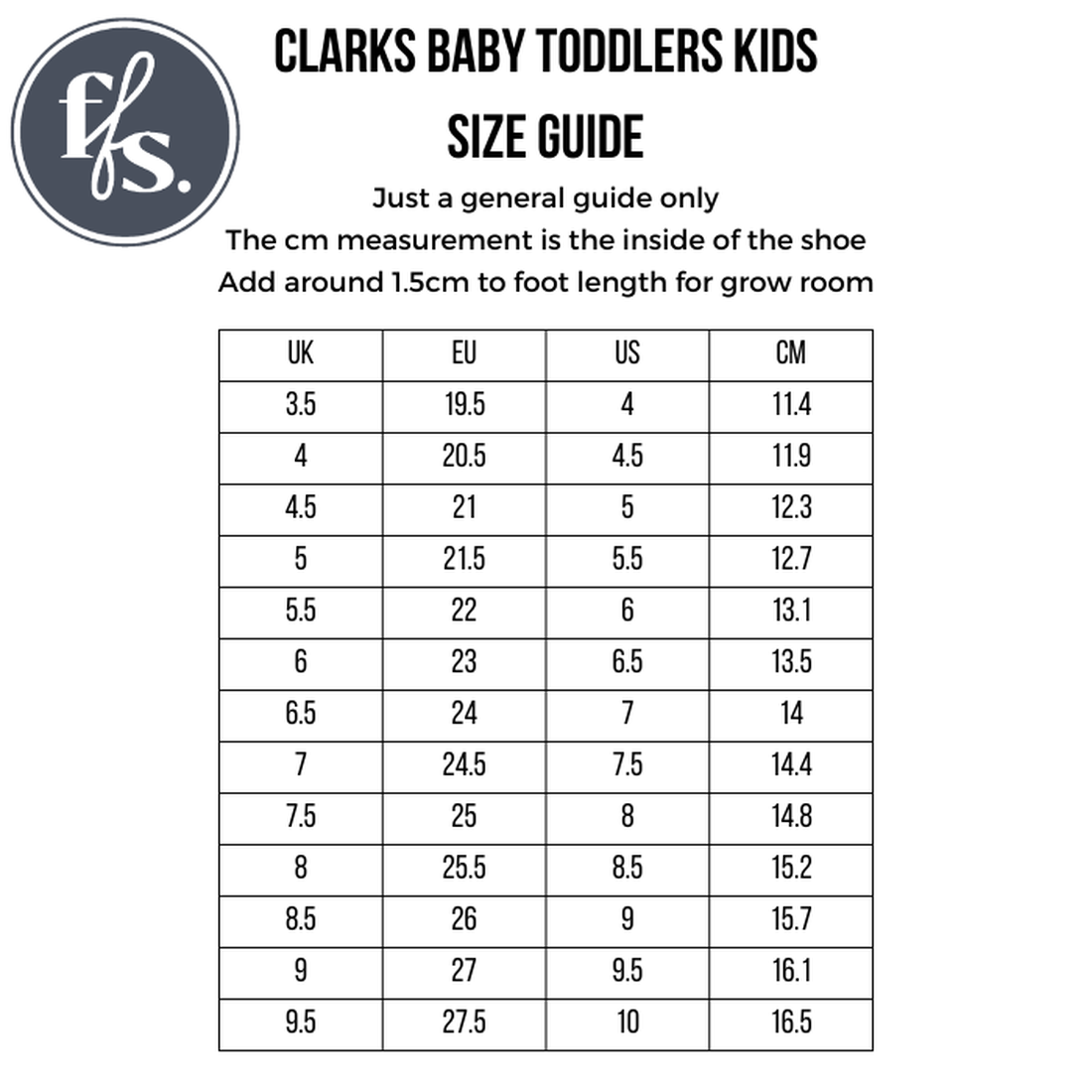 Clarks - Petite - E Average fit - Platinum collection kids shoe size chart: UK, EU, US sizes with inside length in cm. Add 1.5 cm to foot length for growth. Ideal for school and orthotic-friendly shoes., 9343227778163, 18767, 18768, 18769, 18770, 18771, 1