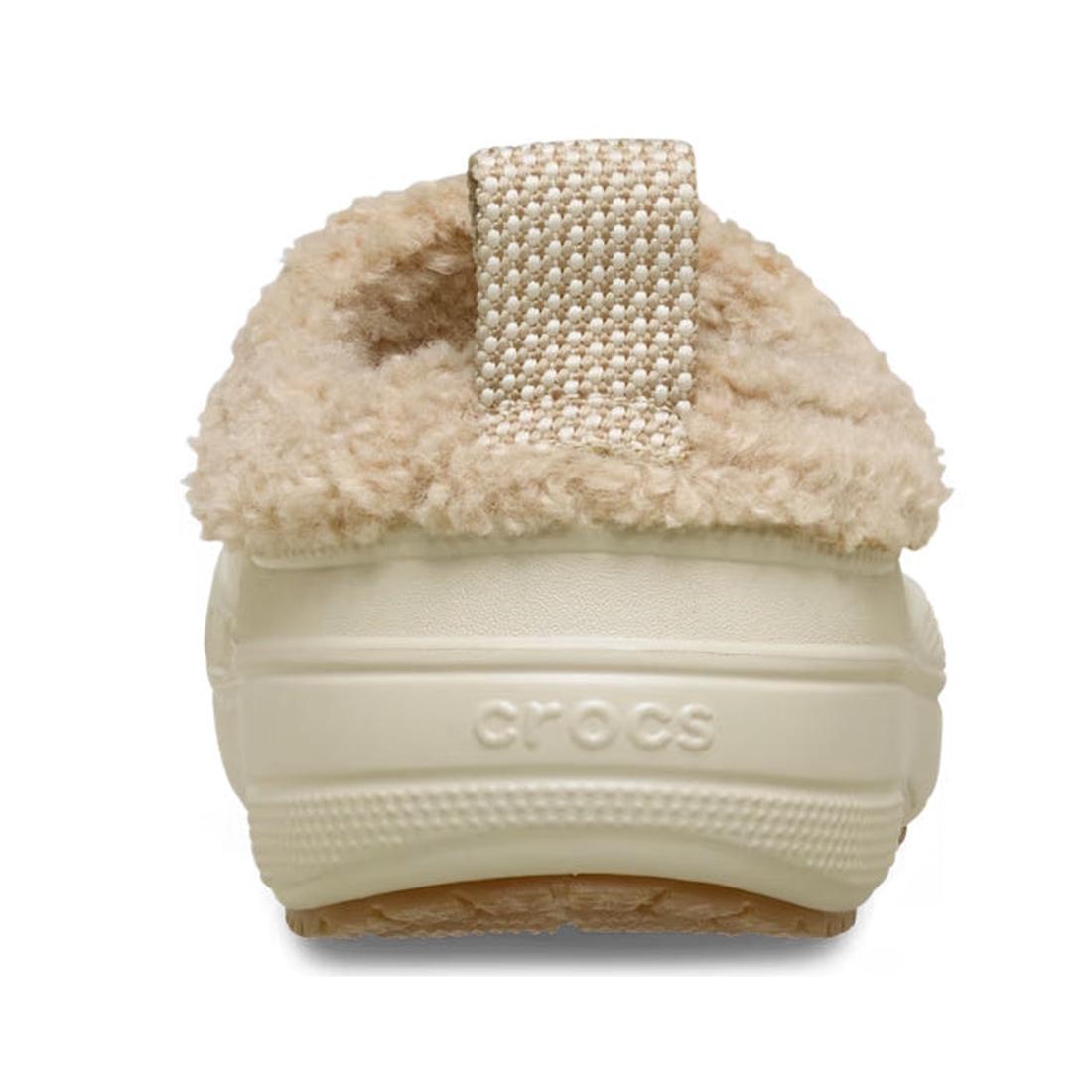 A rear view of the Crocs Adults Classic Lined Shorty Clog in Sandstone Off White, featuring a textured warm fuzzy liner, woven heel tab, and the Crocs logo embossed on the heel., 198445245961, 198445245978, 198445245985, 198445245992, 198445246005, 198445