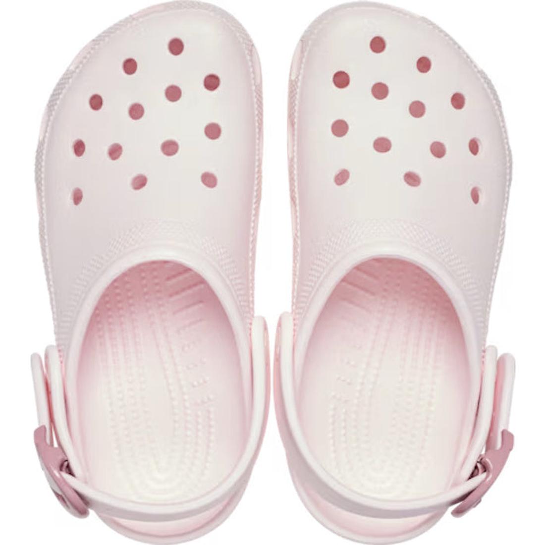 A pair of Crocs Adults Classic Enamel Buckle Clog in Bubble Ice Pink, featuring ventilation holes, adjustable heel straps, and Croslite foam construction, viewed from above., 198445416422, 198445416439, 198445416446, 198445416453, 198445416460, 51509