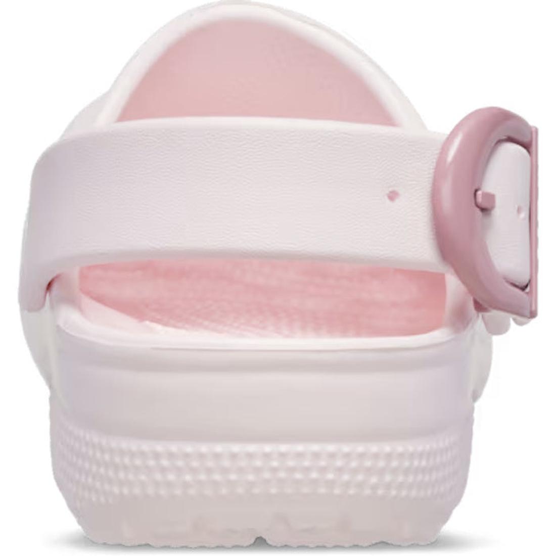 Rear view of the Crocs Adults Classic Enamel Buckle Clog in Bubble Ice Pink, featuring a textured sole, Croslite foam comfort, adjustable strap, and a pink enamel buckle on the right side., 198445416422, 198445416439, 198445416446, 198445416453, 198445416