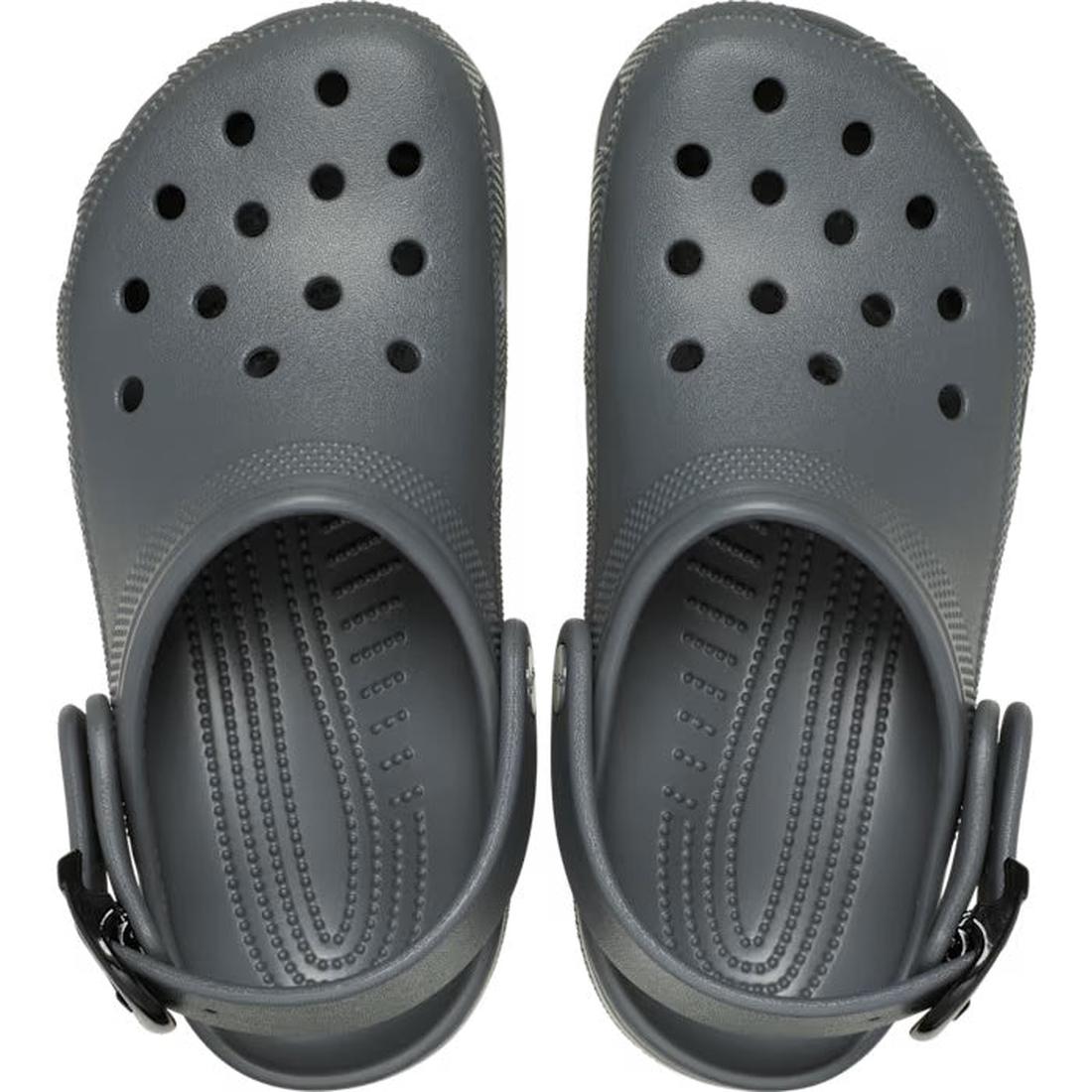 The Crocs Adults Classic Enamel Buckle Clog in Carbon Grey features ventilation holes, an adjustable backstrap, and Croslite foam construction, shown from above., 51696, 198445415715, 198445415722, 198445415739, 51700, 51701, 51696, 198445415715, 19844541, 198445415746