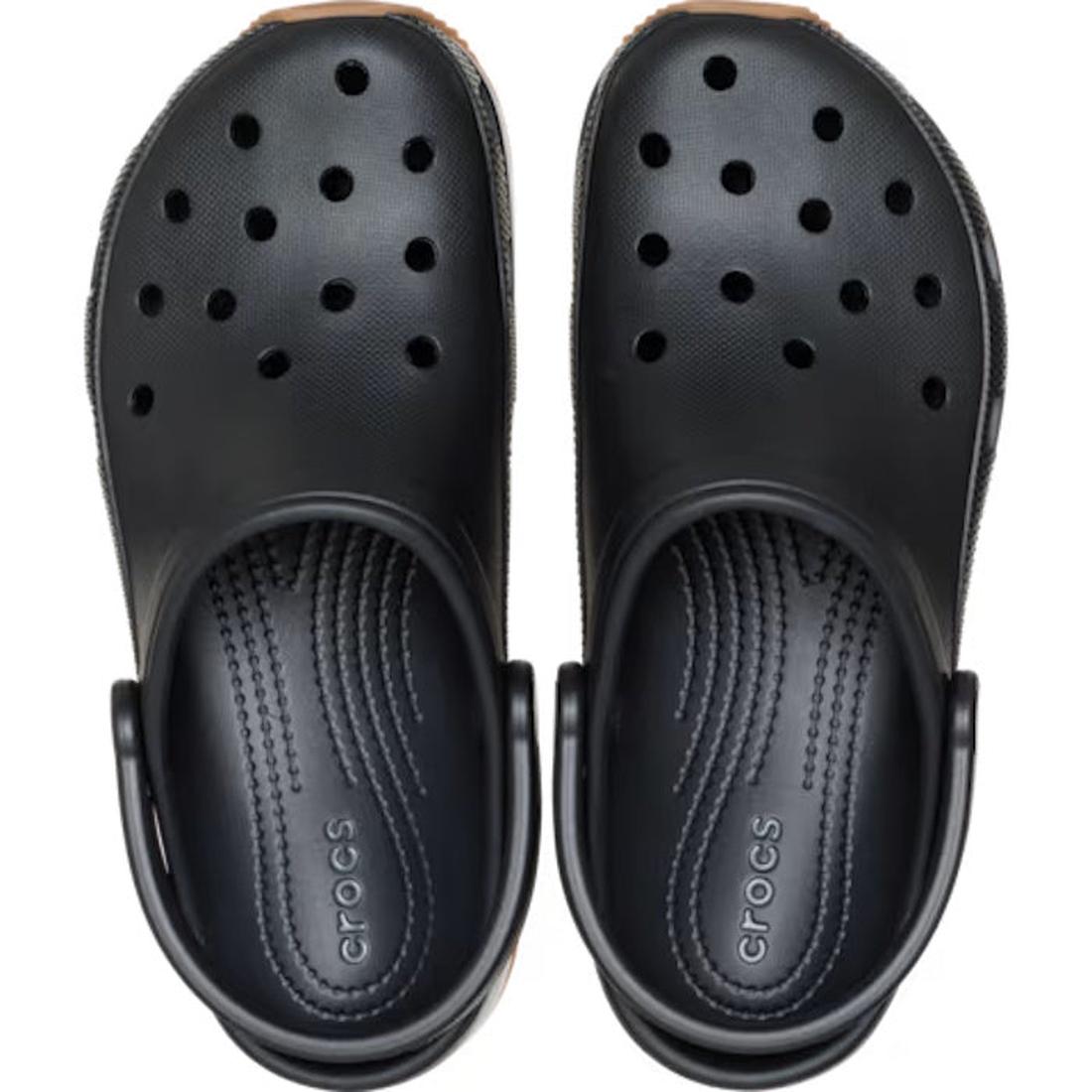 A pair of Crocs Adults Crocband Runner Black With Gum Sole clogs seen from above, featuring ventilation holes on top and adjustable heel straps for cushioned comfort., 51519, 198445411526, 198445411533, 198445411540, 198445411557, 198445411564, 1984454114