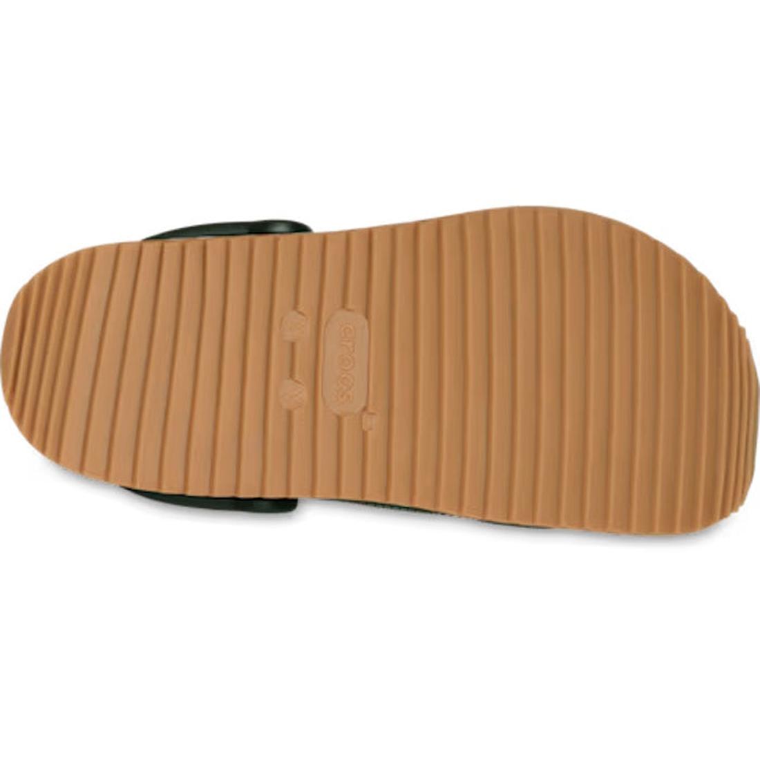 The image displays the bottom view of the Crocs Adults Crocband Runner Black With Gum Sole, featuring a tan ridged sole with cushioned comfort and an embossed Crocs logo at the center that emphasizes its retro sporty design., 51519, 198445411526, 19844541