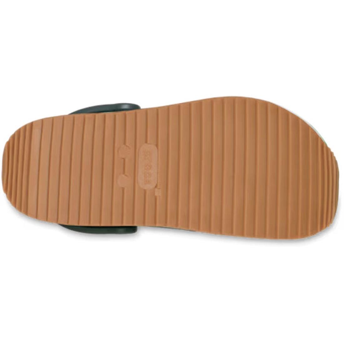 The image shows the bottom view of the Crocs Adults Crocband Runner Carbon with Gum Sole. It features a ridged, light brown sole with lightweight cushioning, horizontal grooves across its width, and a small rectangular logo area in the center., 51528, 198