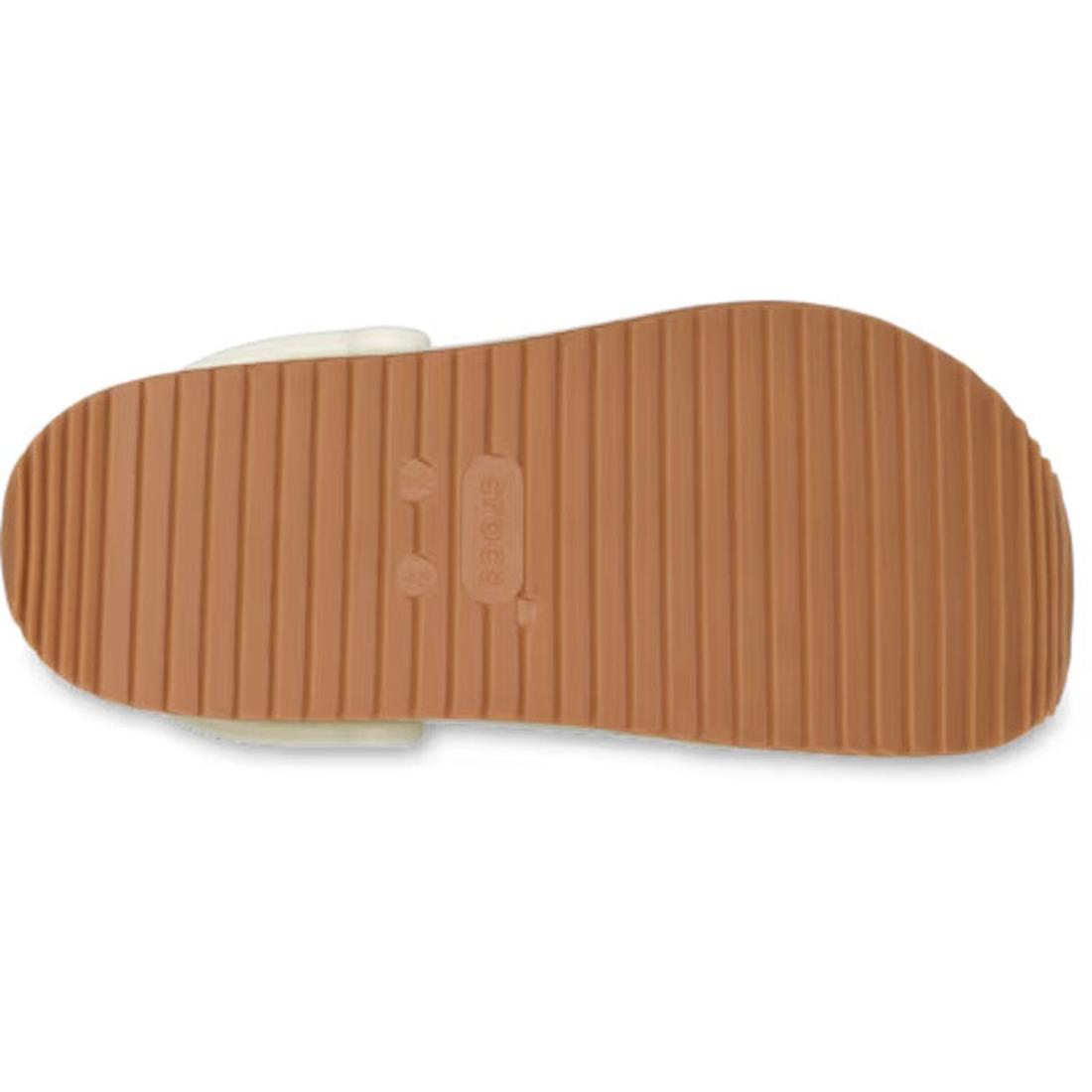 The image shows the bottom view of a Crocs Adults Crocband Runner Summit White shoe sole, featuring a ribbed, textured brown tread and the Crocs logo embossed in the center, reminiscent of retro sneakers with lightweight cushioning., 198445412417, 1984454